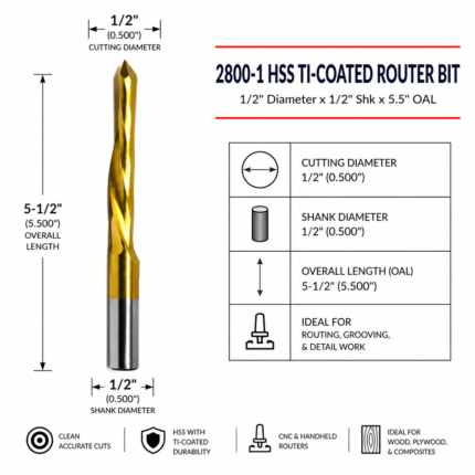 2800-1 HSS TI-Coated Router Bit 1/2" Diameter x 1/2" Shk x 5.5" OAL