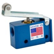 Air-Mite MV2C Valve, a 3-way pneumatic valve with a roller-lever actuator.