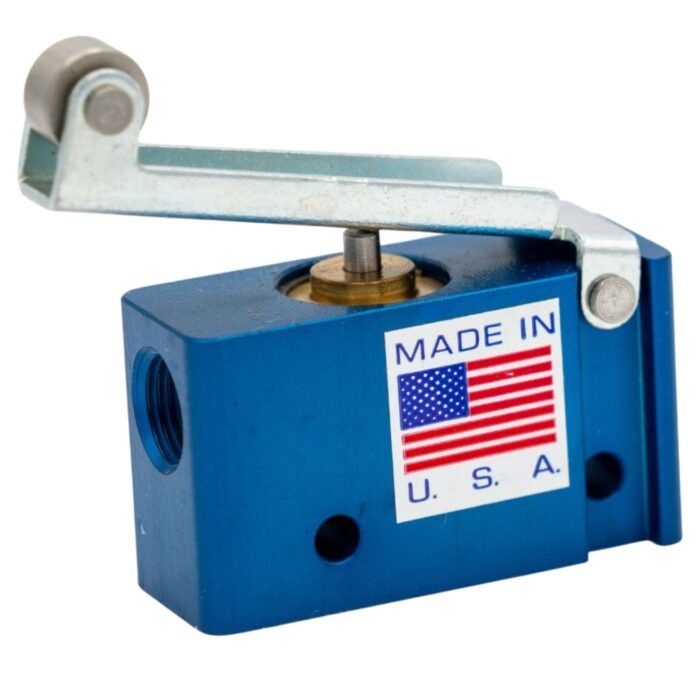 Air-Mite MV2C Valve – Pneumatic Roller Lever with Spring Return Air-Mite MV2C Valve, a 3-way pneumatic valve with a roller-lever actuator.