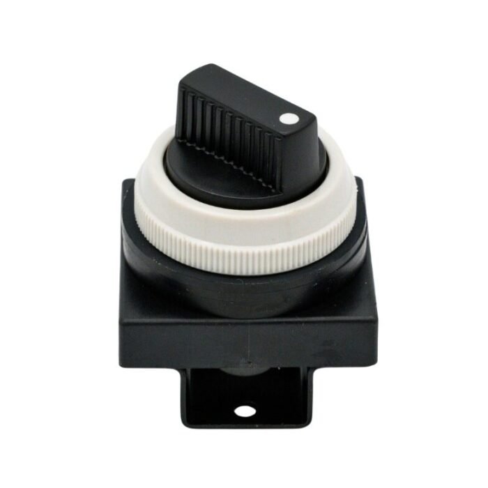 Selector Switch – Black Rotary Knob and White Collar Selector Switch with black ribbed rotary knob, white indicator dot, white collar, and black housing with mounting tab.